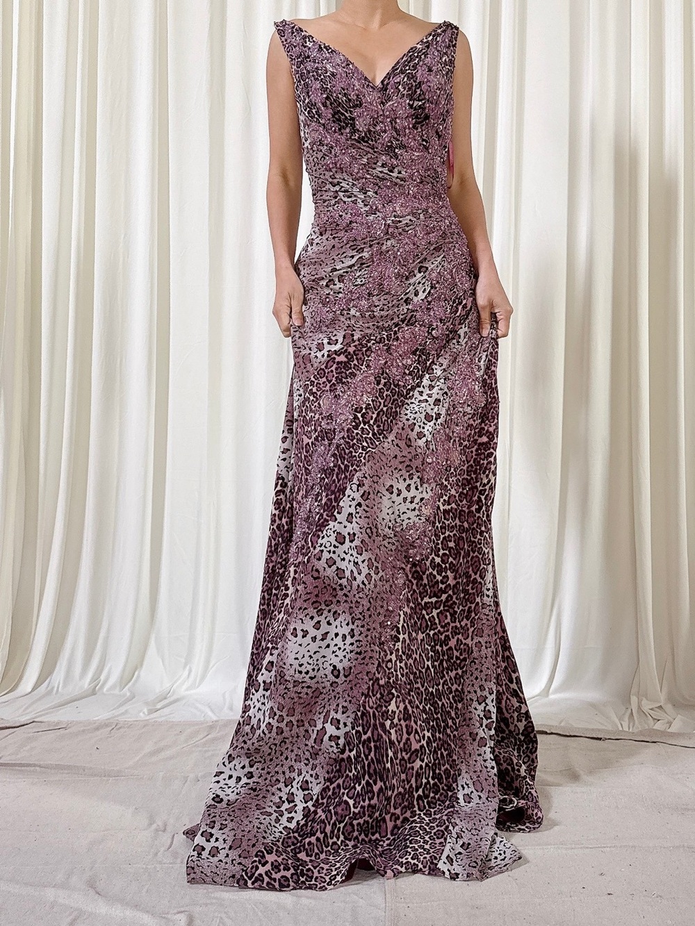 V-Neck Mauve Animal Print Evening Gown